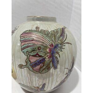 Oriental Vase Hand Painted multi color Butterfly Raised Gold Gilt Ceramic decor
